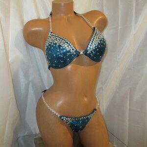 NPC COMPETITION BIKINI POSING SUIT TEAL HOLOGRAM CUP brand new never worn